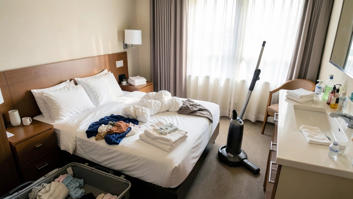 Sprzątanie pokoju hotelowego przy gościu